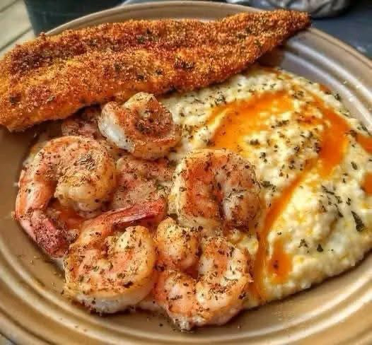 Southern Fried Catfish with Cajun Shrimp & Cheesy Grits